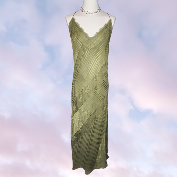 ASOS Dresses & Skirts - Asos Green Lace Insert Stripe Panel Long Maxi V-Neck Patchwork Satin Dress Sz 14